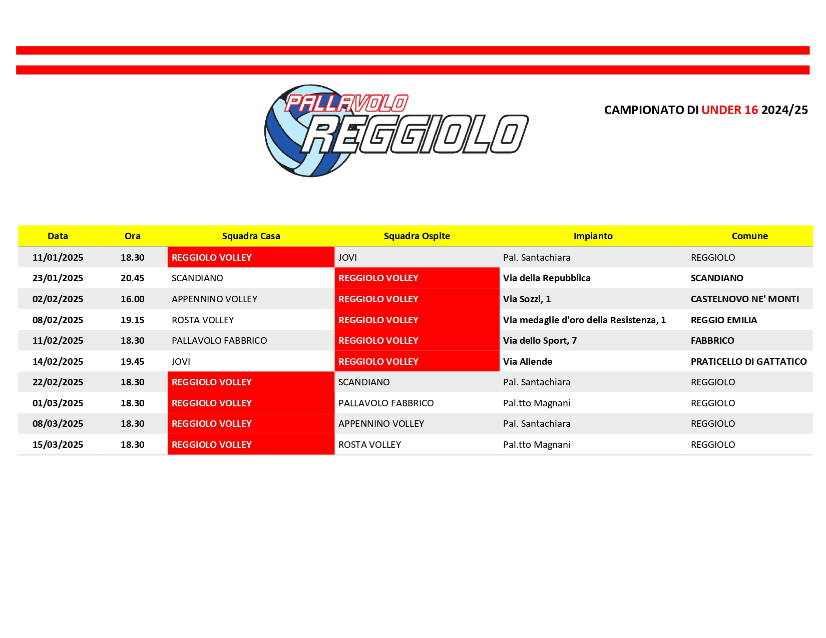 Calendario U16